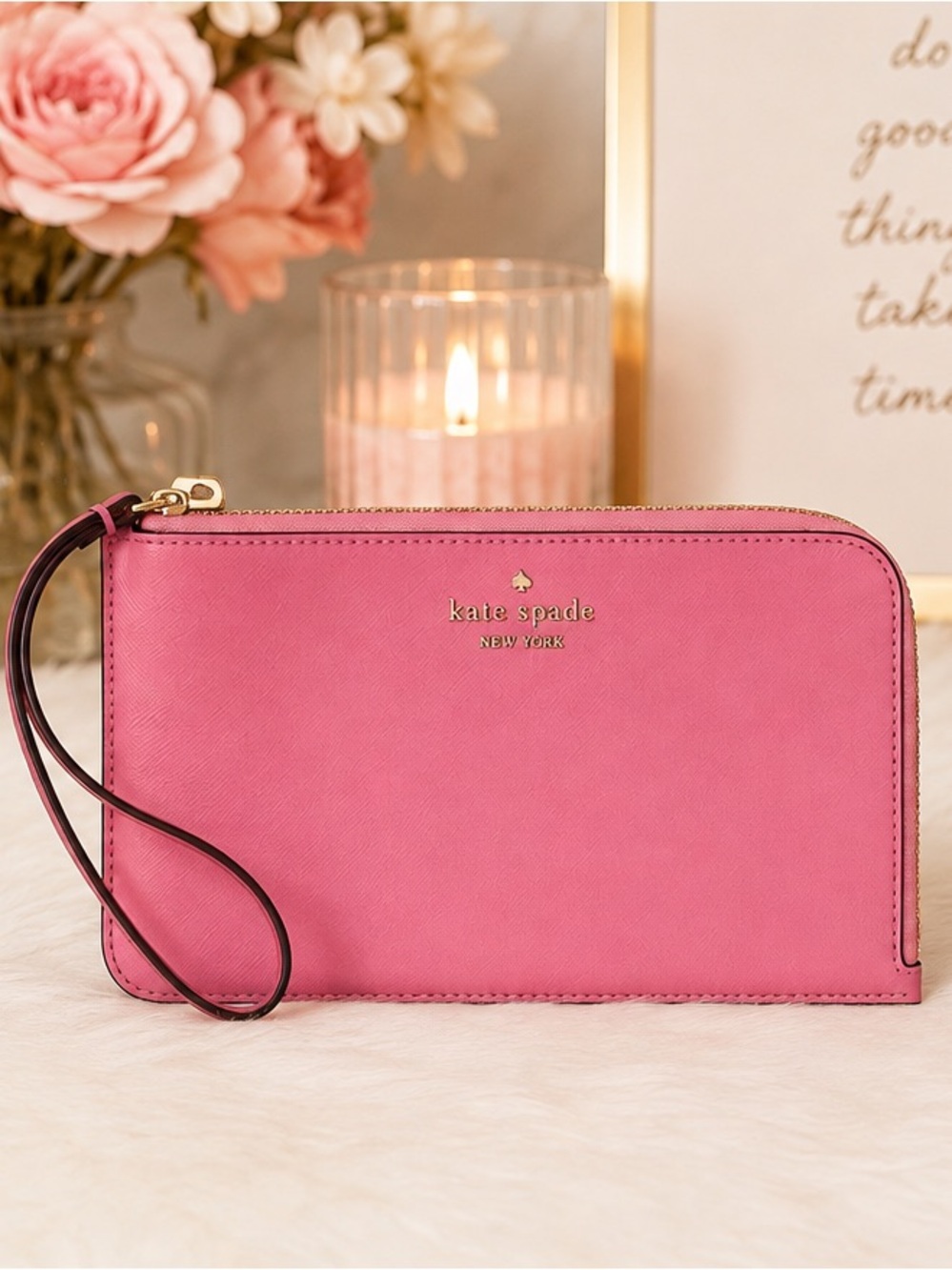 Kate Spade New York Lucy Saffiano Leather Medium L-Zip Wristlet – Blossom Pink